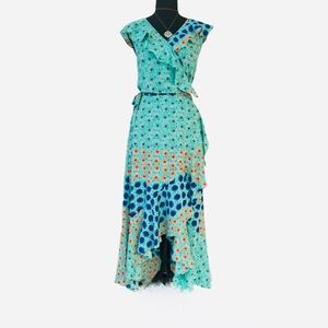 DONNA MORGAN ~ Teal Orange Blue Ruffled Floral High Low Wrap Dress size 16